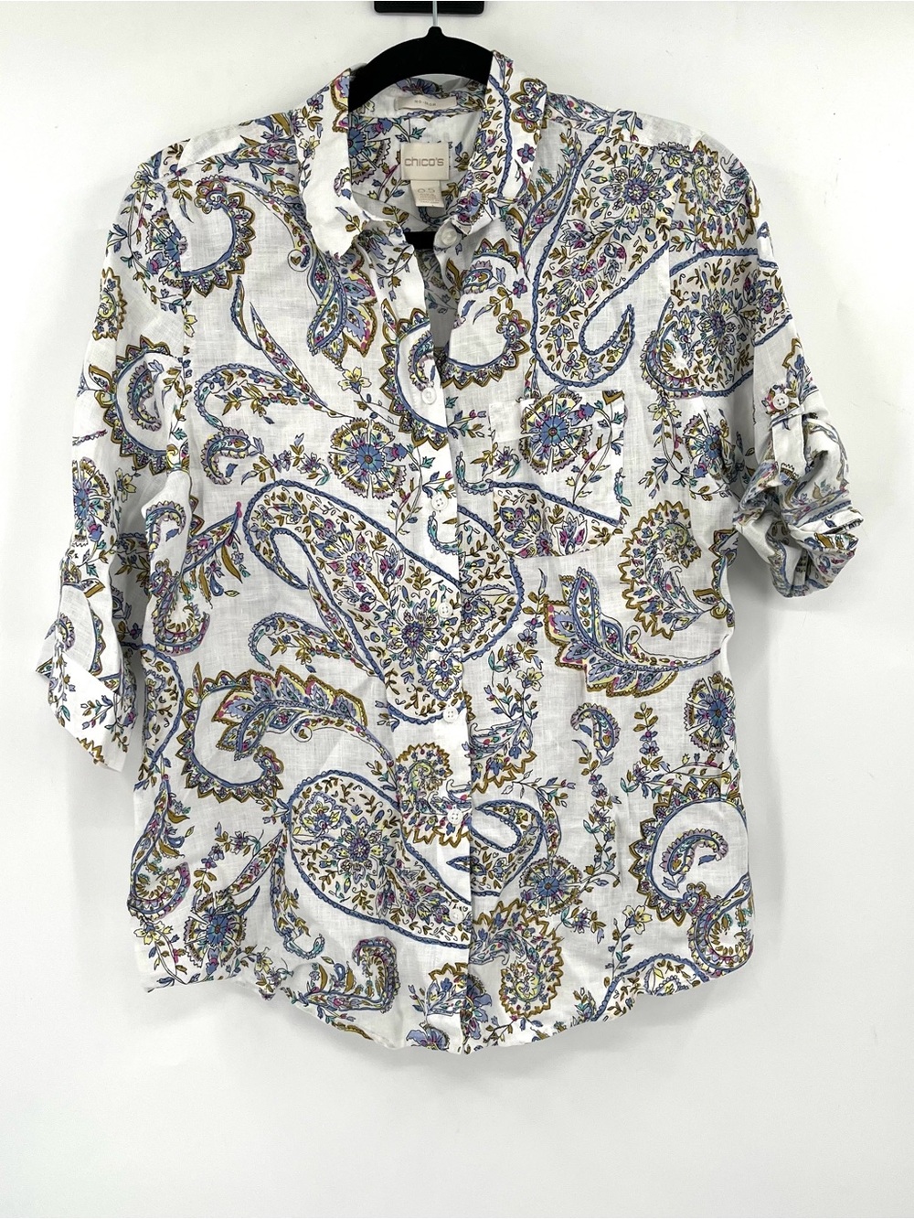 CHICO'S Linen Paisley Blouse Roll Tab Sleeve 0.5 / S / 4-6 Button Down Top White